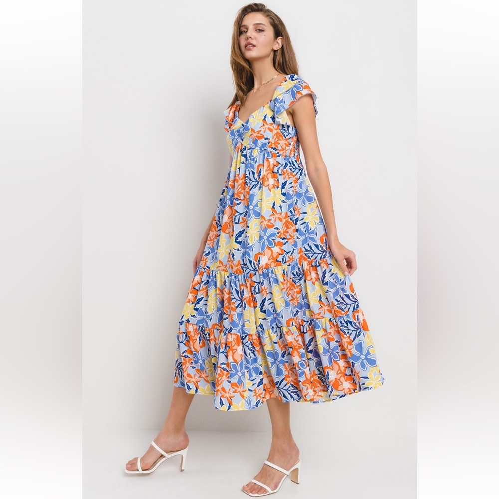03 Floral Printed Tiered Flutter Sleeve Dress